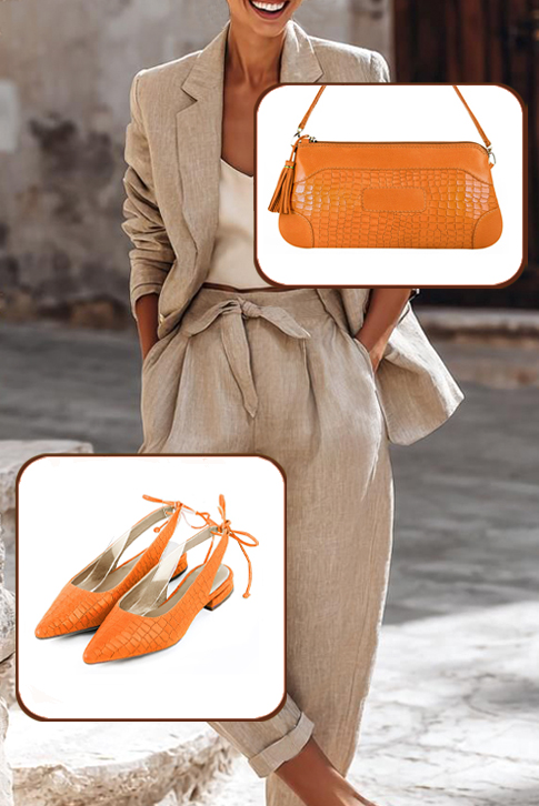 Dress slingback heels in apricot orange leather with flat flare heels and pointed toe - Worn view